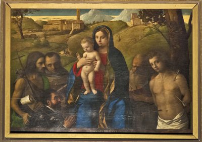 Madonna and Child with Four Saints (John the Baptist, Francis, Jerome and Sebastian (left to right)) and Donator by Giovanni Bellini